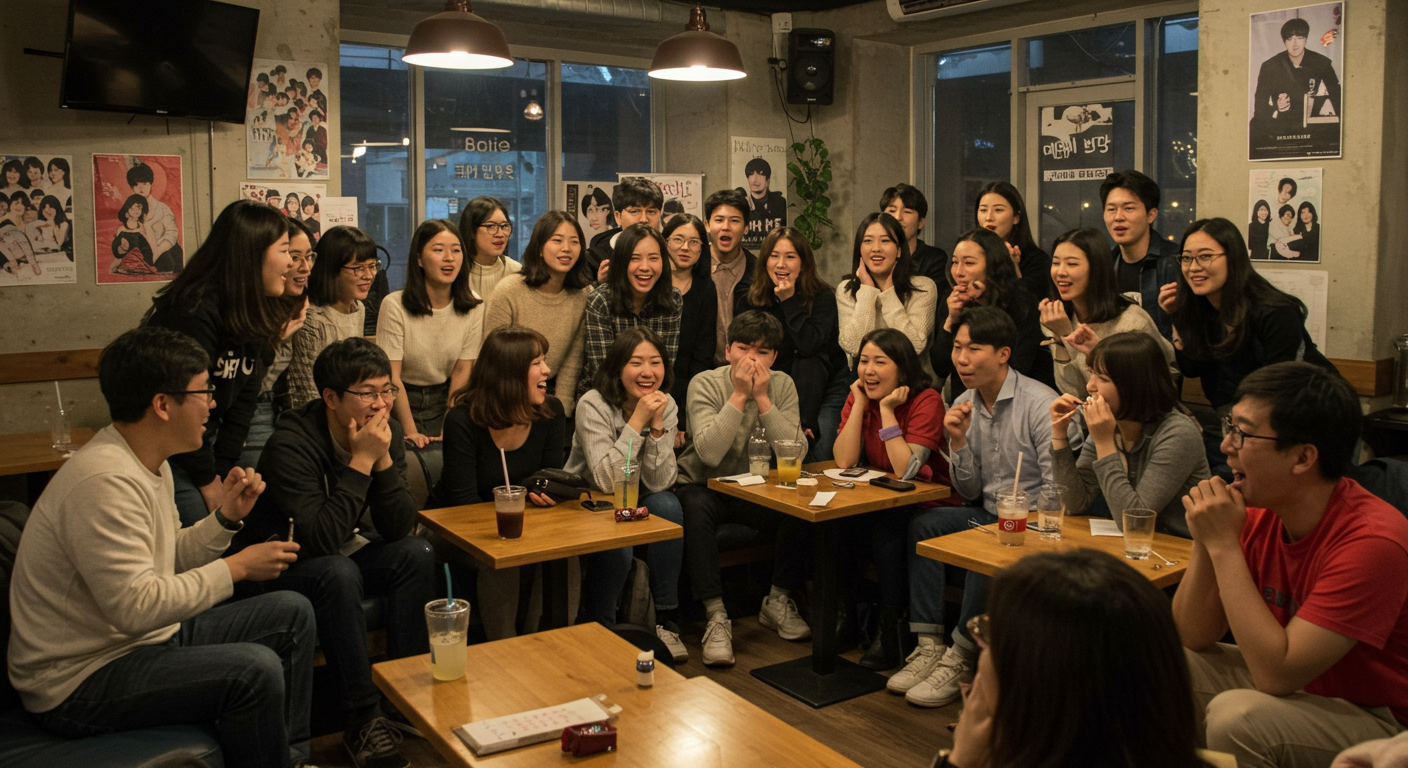 트렌디한 카페에서 모여 드라마 결말을 토론하는 팬 커뮤니티의 모습