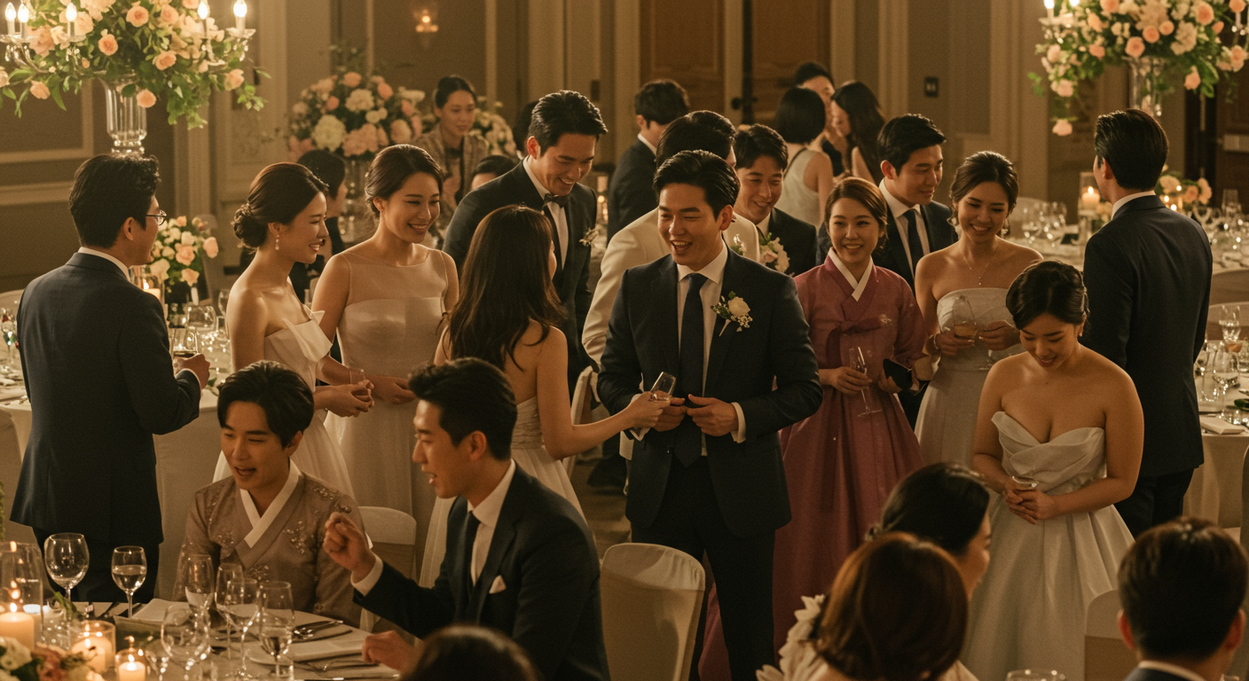 유명 연예인들과 인플루언서들이 참여한 화려한 결혼식 장면