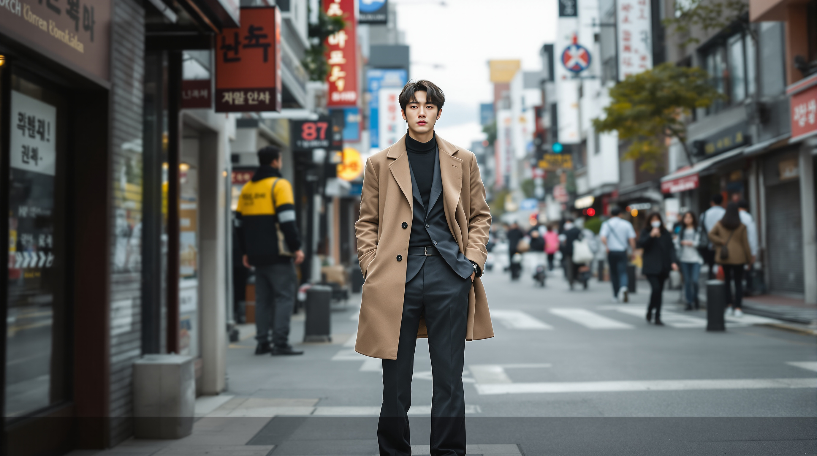 청주에서 도시적인 분위기로 서 있는 배우의 세련된 모습