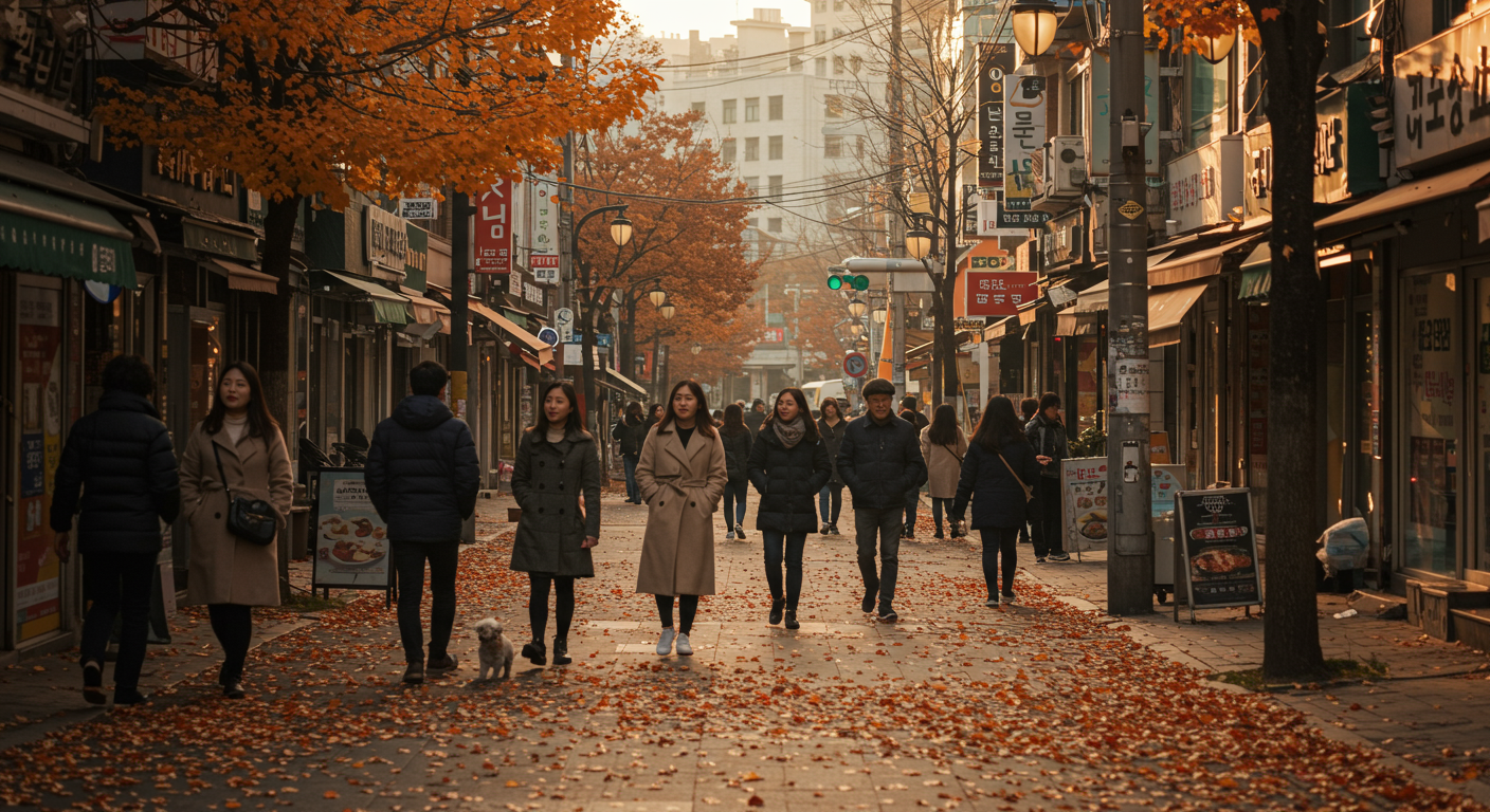 트렌치코트와 울 재킷을 입은 사람들이 걷는 가을 거리 풍경