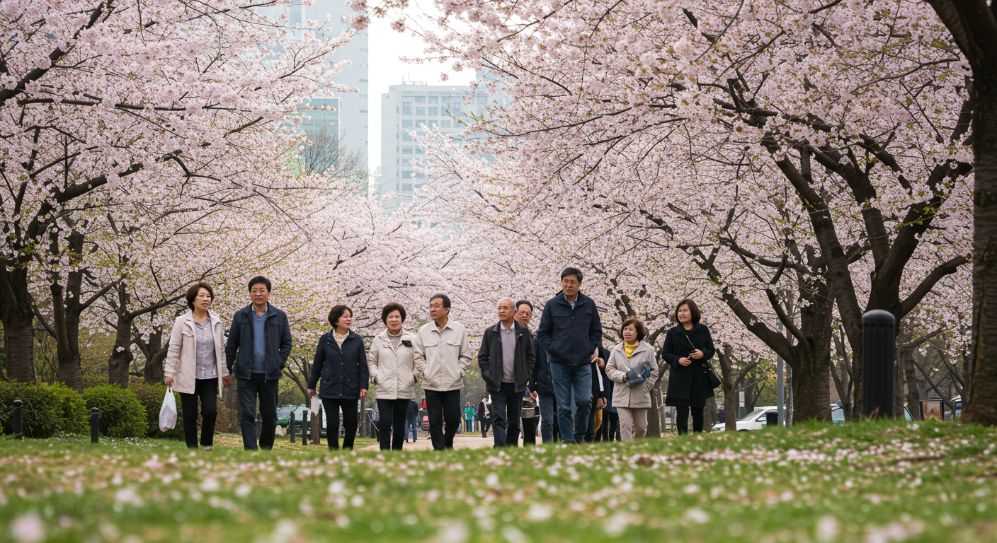 가벼운 재킷과 카디건을 입고 벚꽃 핀 공원을 거니는 사람들