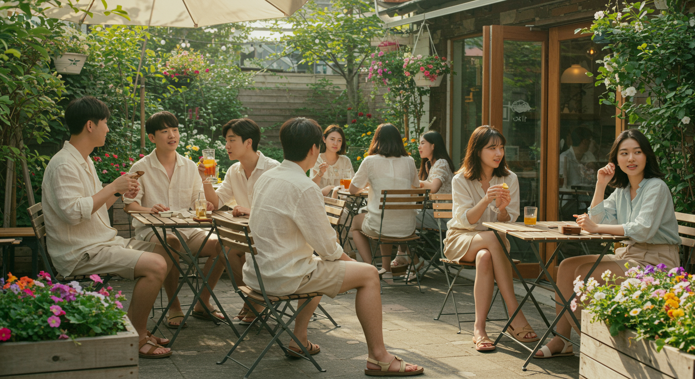 여름 복장을 한 사람들이 활기찬 야외 카페에 있는 모습