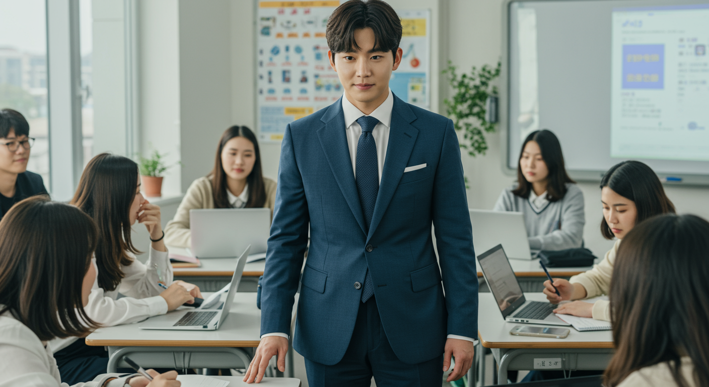 현대적인 교실에서 학생들과 함께 있는 매력적인 젊은 남성 교사
