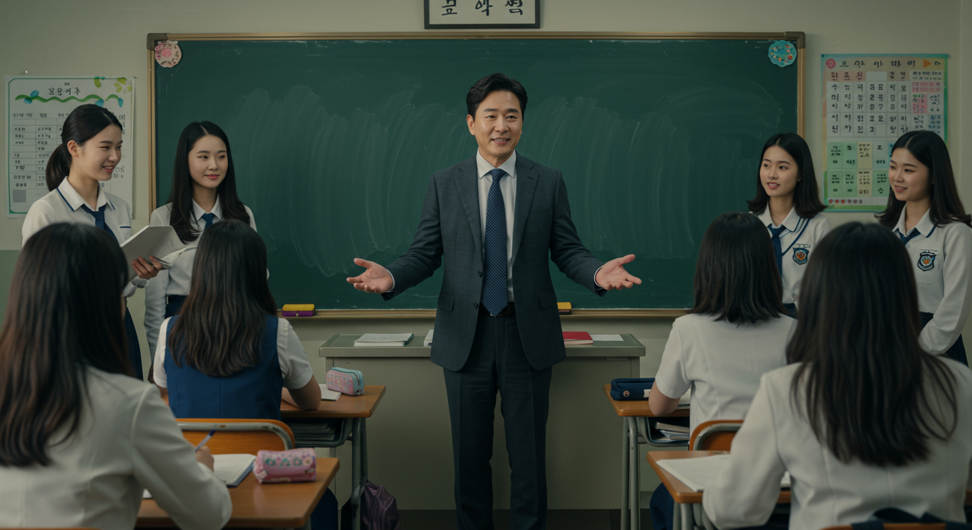 칠판 앞에서 학생들과 따뜻하게 소통하는 내성적인 모습의 한국 교사