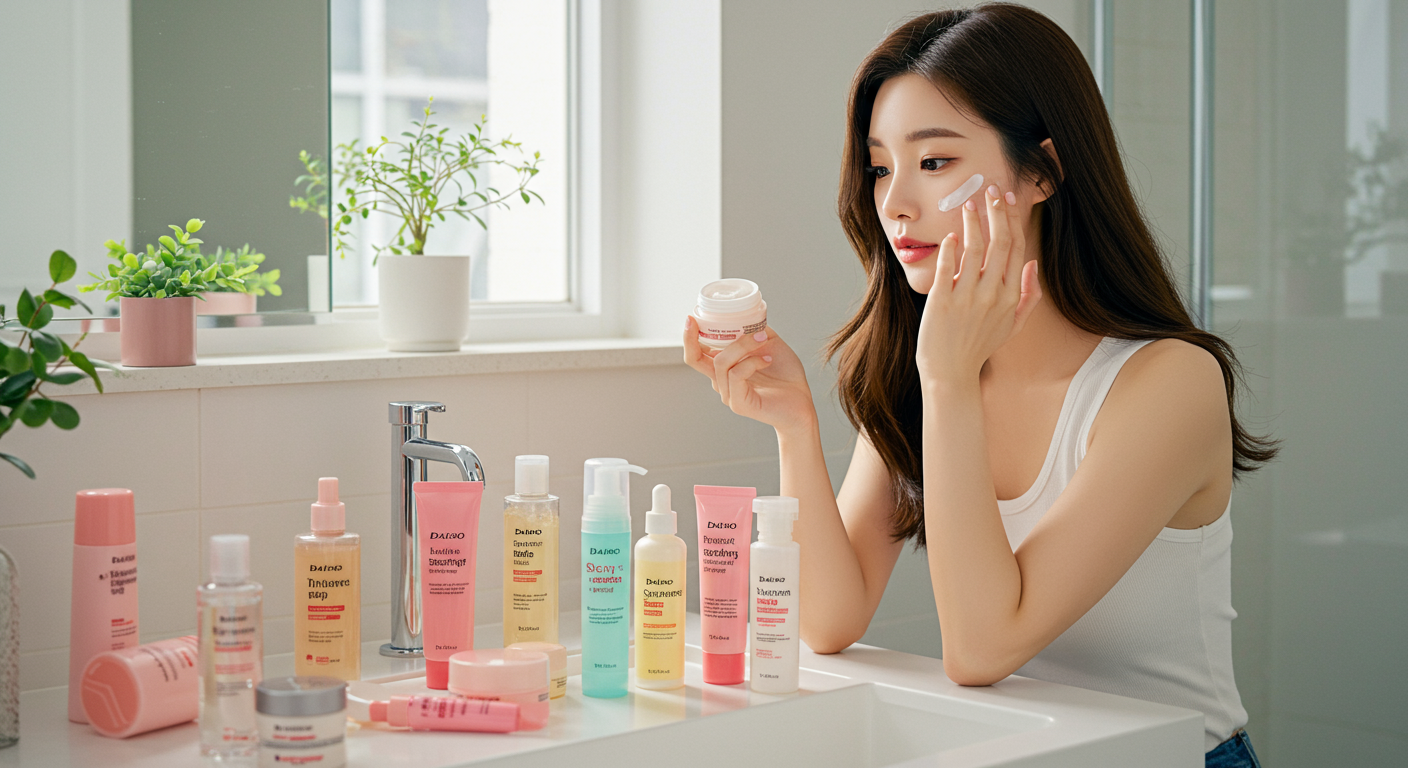 현대적 욕실에서 다양한 다이소 스킨케어 제품을 사용하는 젊은 여성