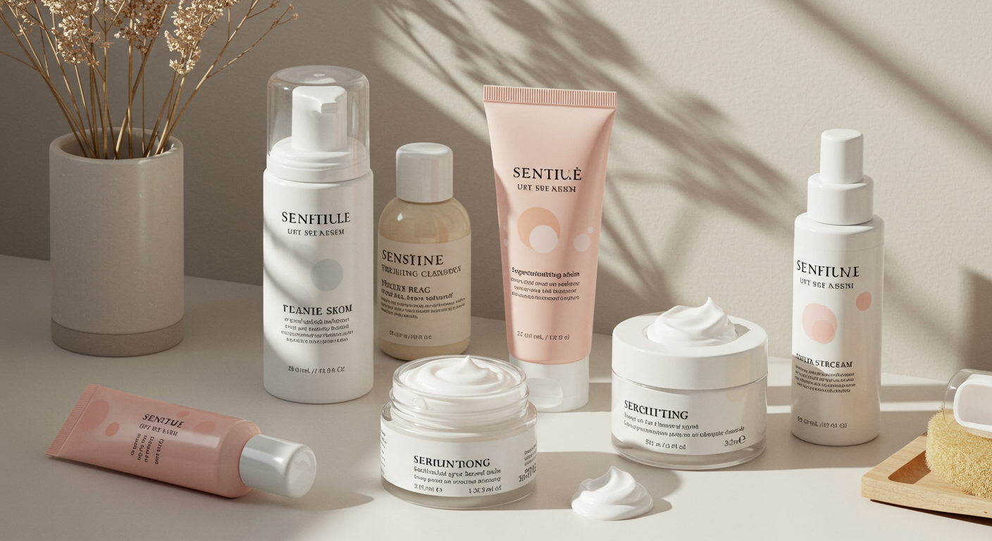 민감성 피부를 위한 클렌징폼과 수딩젤 등 미니멀한 화장대 위의 스킨케어 세트