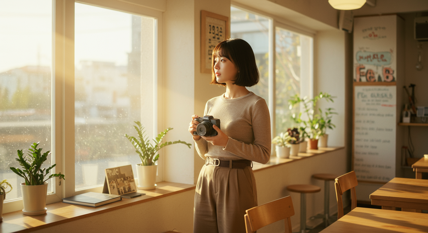 서울 카페에서 리코 GR3 카메라를 들고 사진 취미를 고민하는 현대 여성