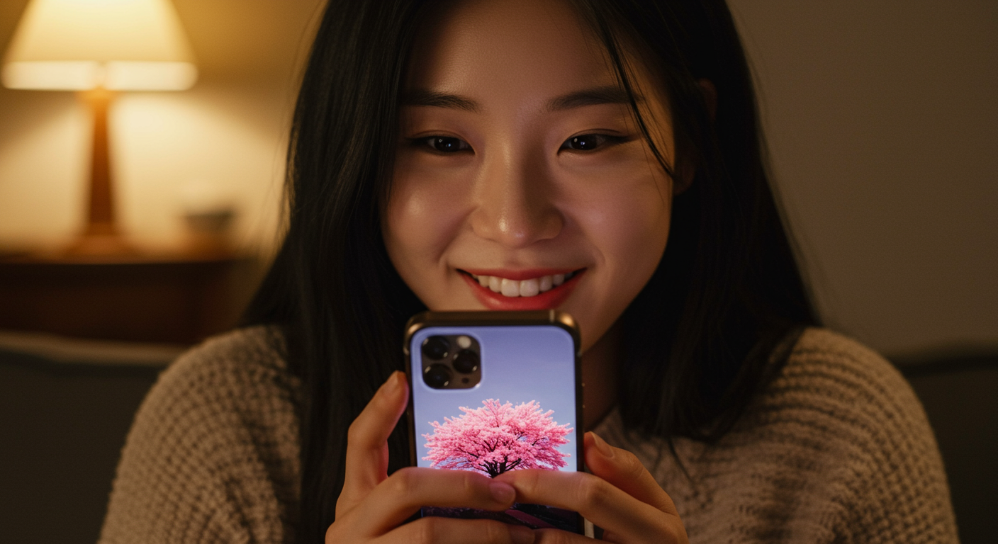 선명한 고해상도 배경화면을 보는 한국 여성이 미소 짓고 있는 모습