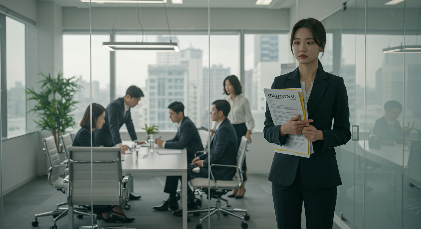 현대적인 사무실에서 기밀 문서를 들고 있는 여성과 진지한 토론 모습