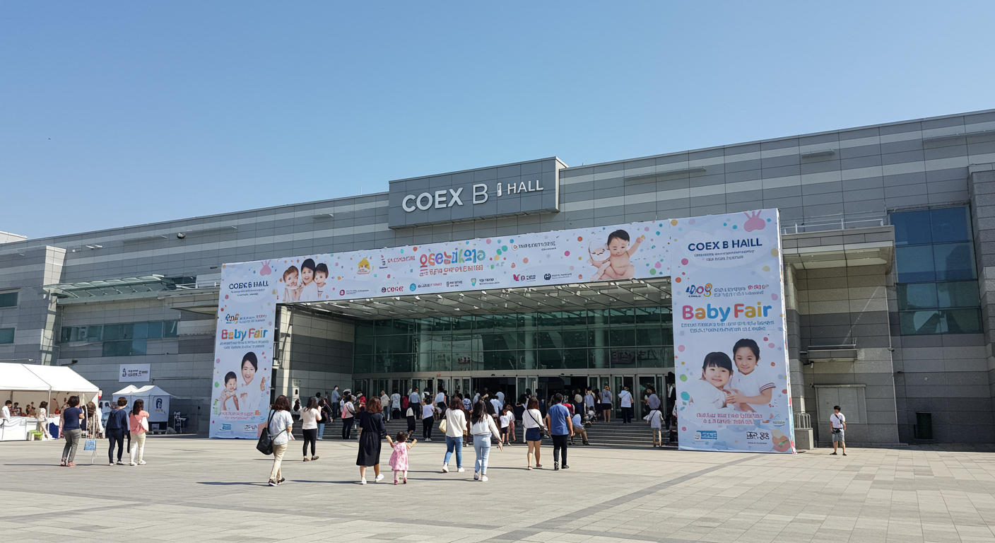 맑은 하늘 아래 베이비페어 배너가 걸린 코엑스 B홀 입구의 모습