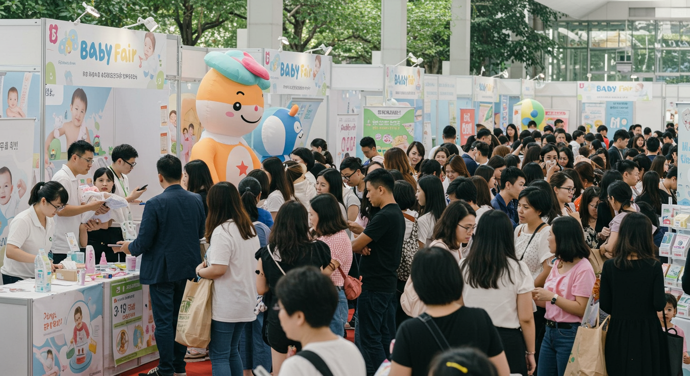 부모들이 선물을 받고 경품 추첨에 참여하는 모습을 보여주는 행사 부스 주변의 인파