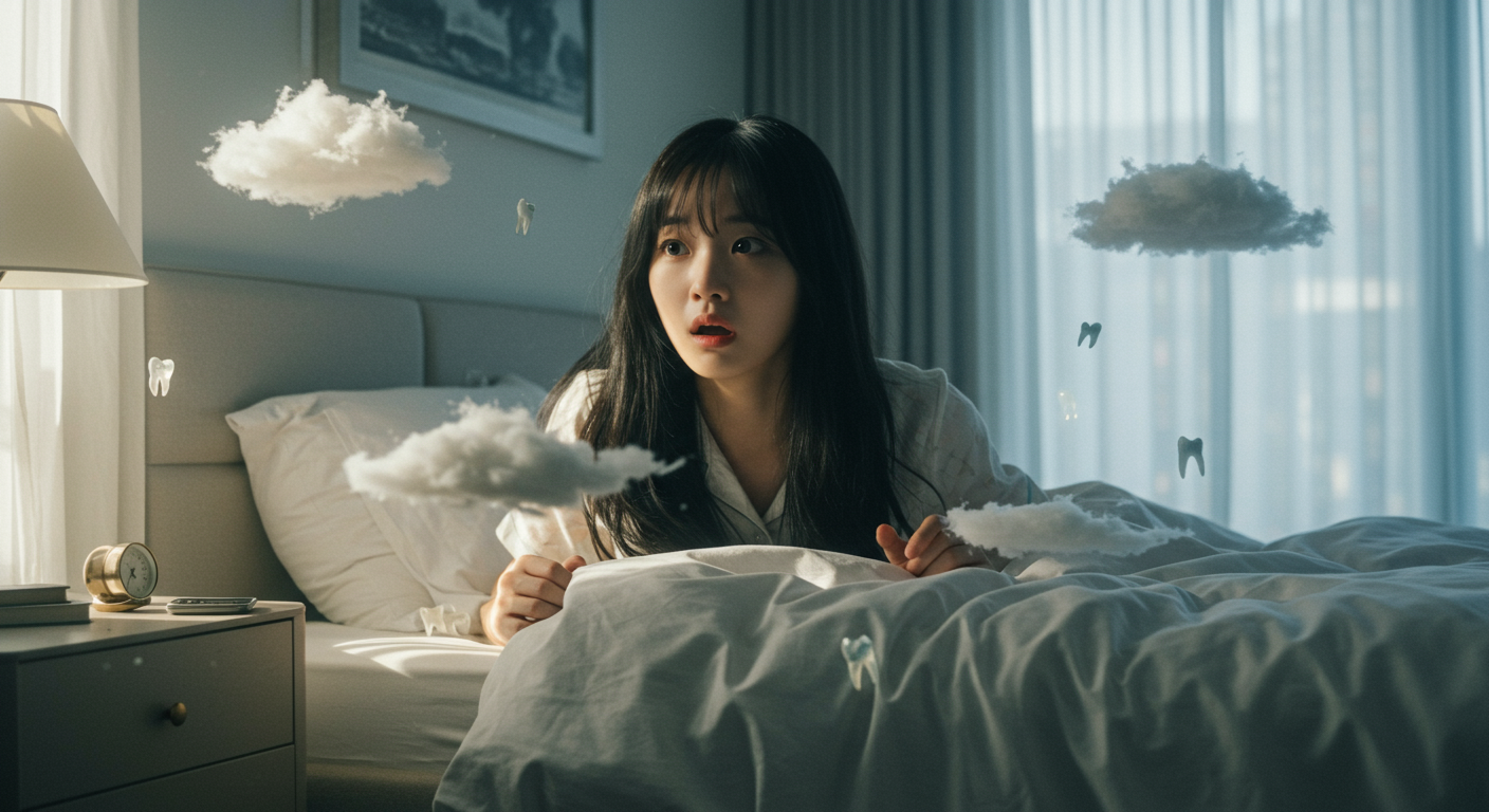 현대적인 침실에서 깨어나 놀란 표정을 짓고 있는 여성의 모습