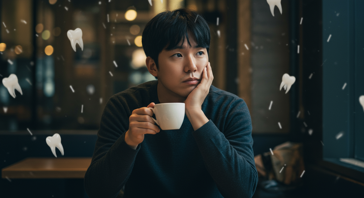 카페에서 혼자 커피를 마시며 걱정스러운 표정을 짓는 남성