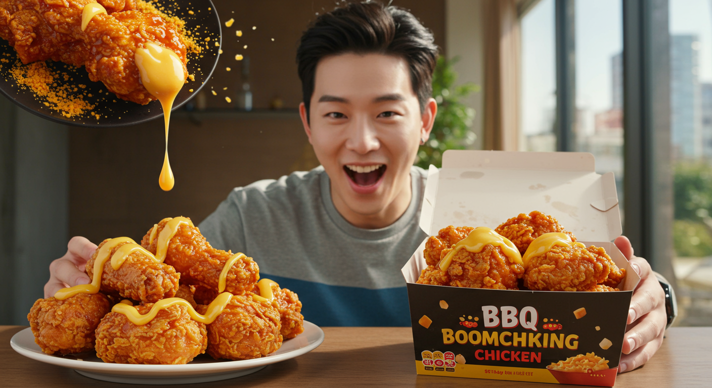 현대적인 남성이 BBQ 뿜치킹 박스를 들고 있는 모습