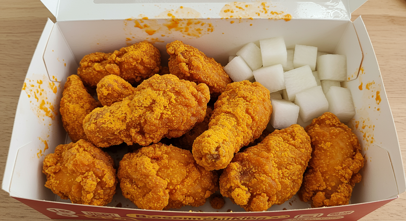상자를 연 후 강렬한 주황빛 시즈닝이 인상적인 치킨과 함께 무가 곁들여진 모습