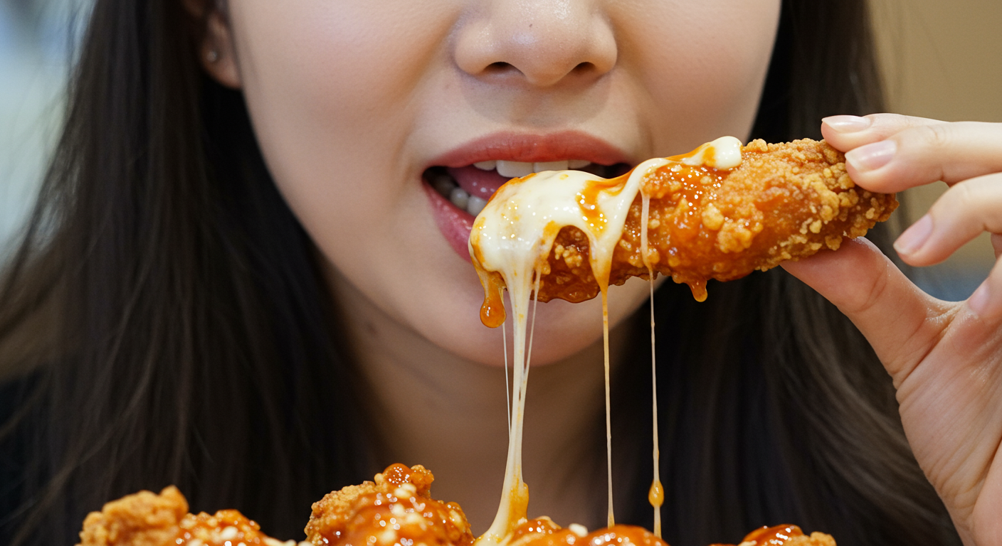 바삭한 뿜치킹 치킨을 베어무는 여성의 모습으로 짭짤한 치즈와 달콤함의 조화를 강조