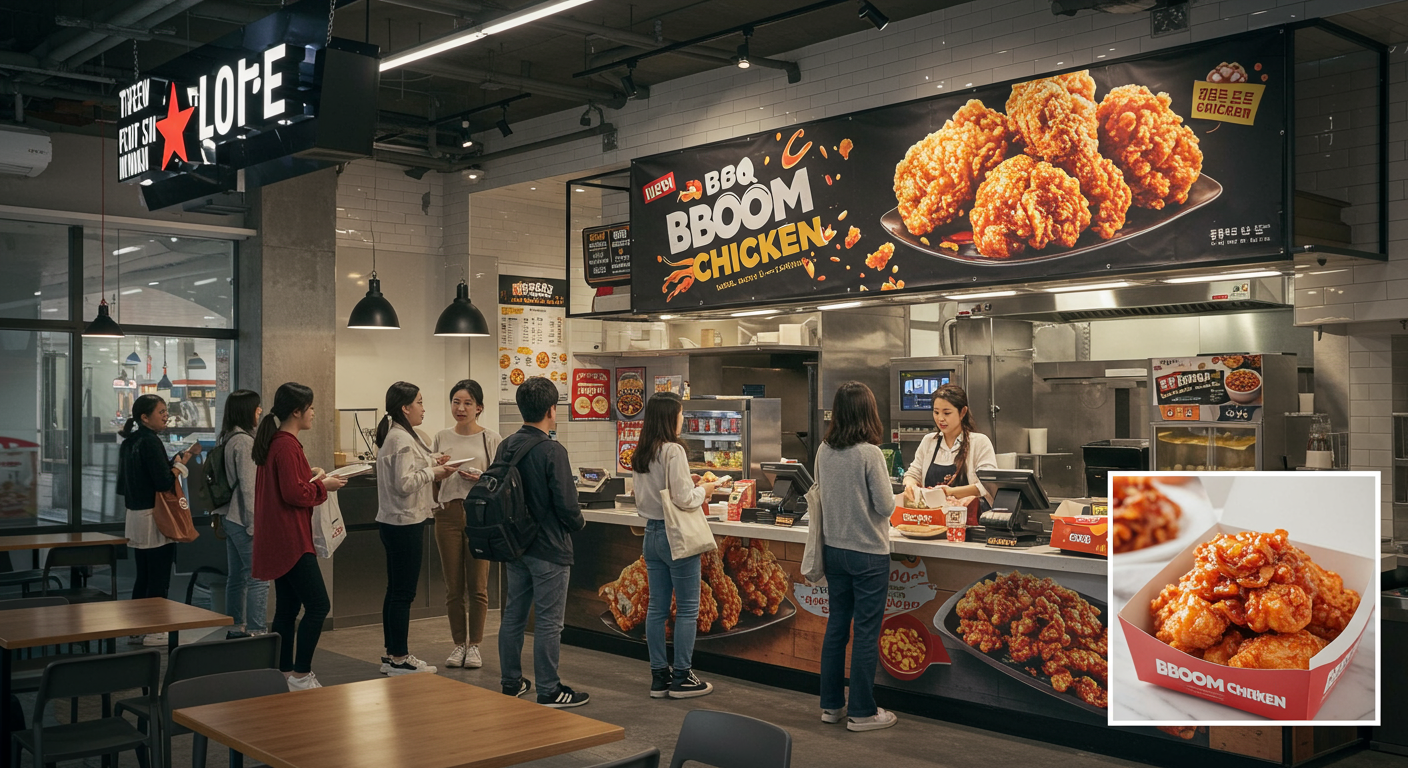 BBQ 뿜치킹 홍보 배너가 있는 현대적인 한국 패스트푸드 레스토랑 내부 모습