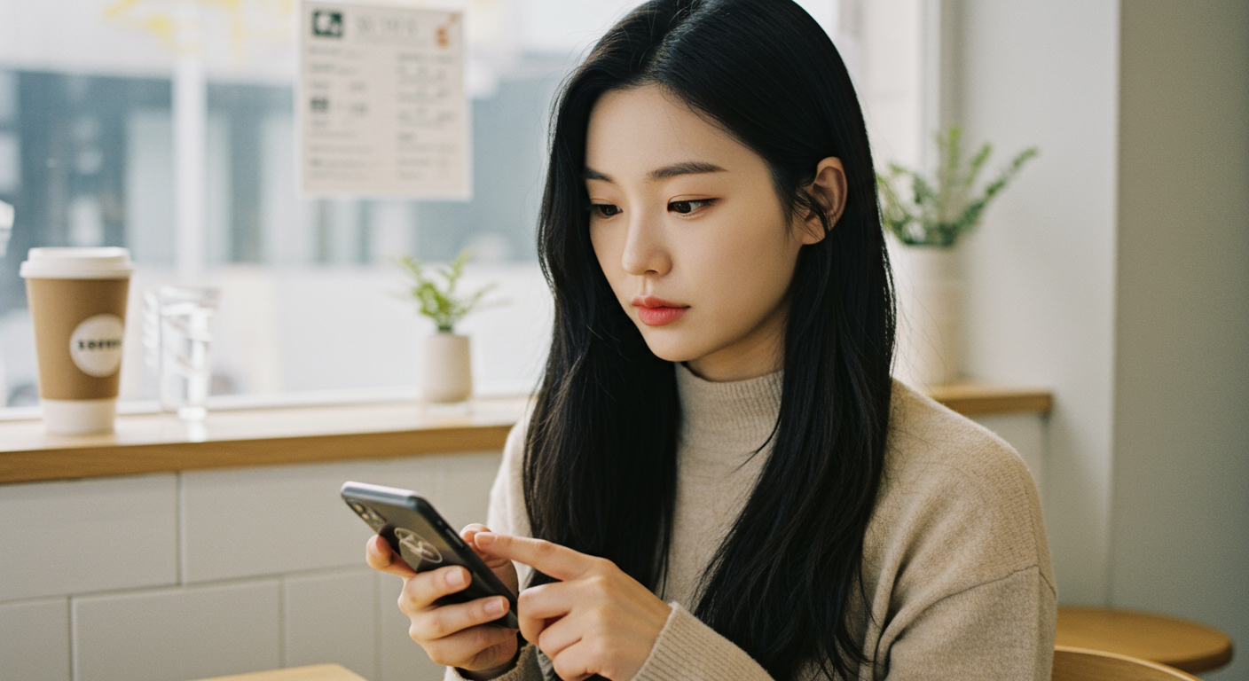 스마트폰 앱으로 커피를 주문하는 여성의 집중된 모습