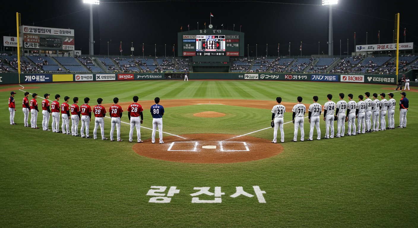 경기장 조명 아래서 맞붙는 한국과 일본 야구 팀