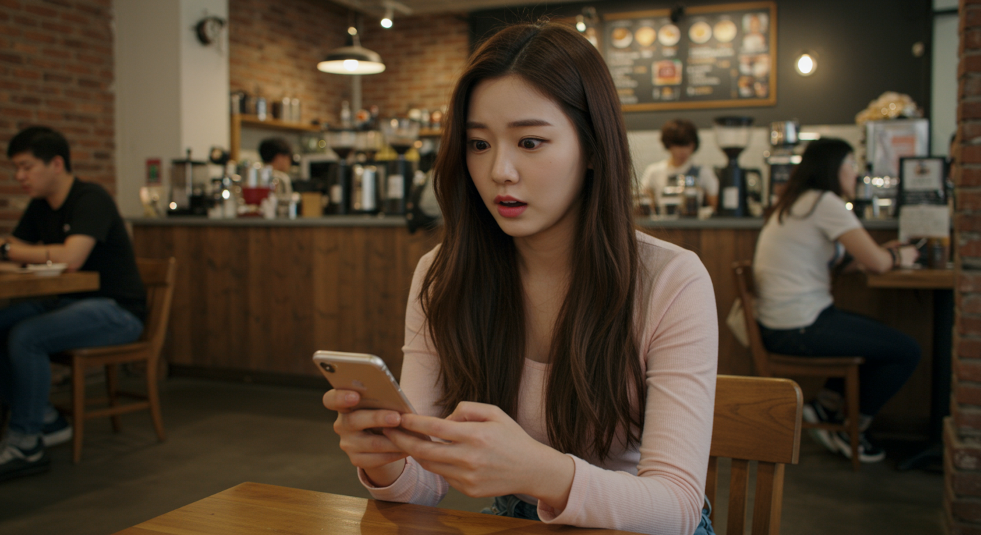 서울 카페에서 스마트폰을 사용하며 호기심 가득한 표정을 짓고 있는 젊은 여성