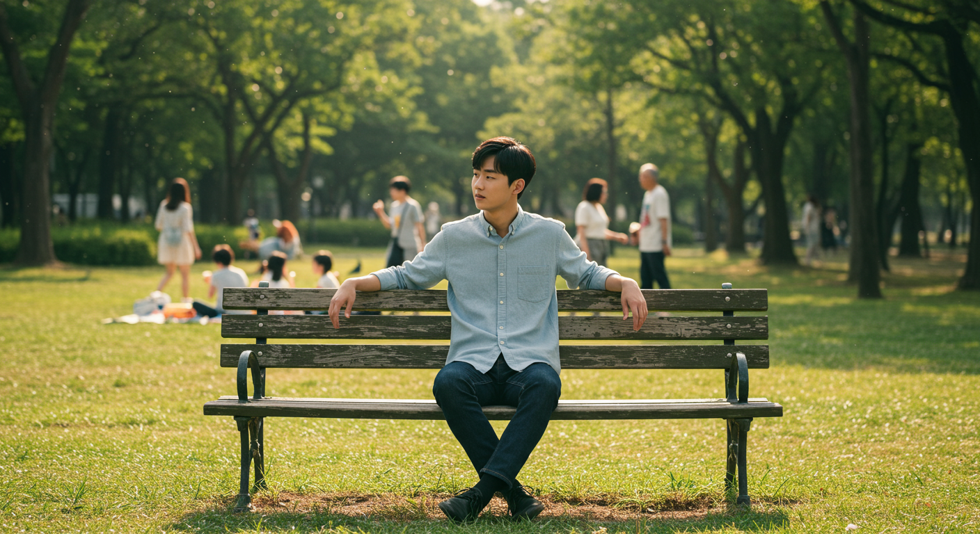 붐비는 공원 벤치에 혼자 앉아 주변 사람들을 관찰하는 젊은 남성