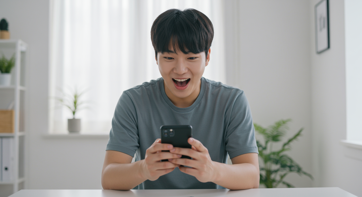 젊은 남성이 책상에서 스마트폰으로 돈나무 앱을 사용하는 모습