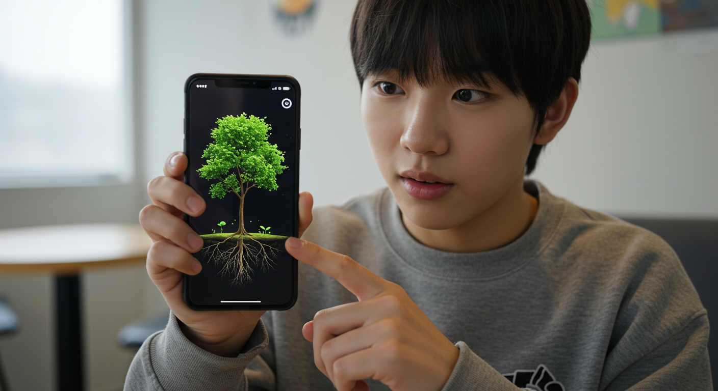 스마트폰 화면에서 나무가 단계별로 자라는 모습을 바라보는 청소년