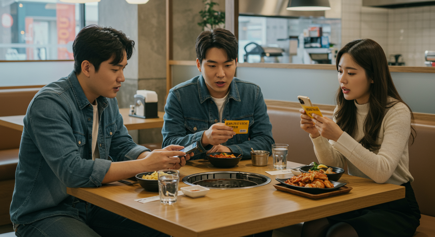 애슐리 퀸즈 레스토랑 식탁에서 스마트폰과 멤버십 카드로 할인을 논의하는 친구들