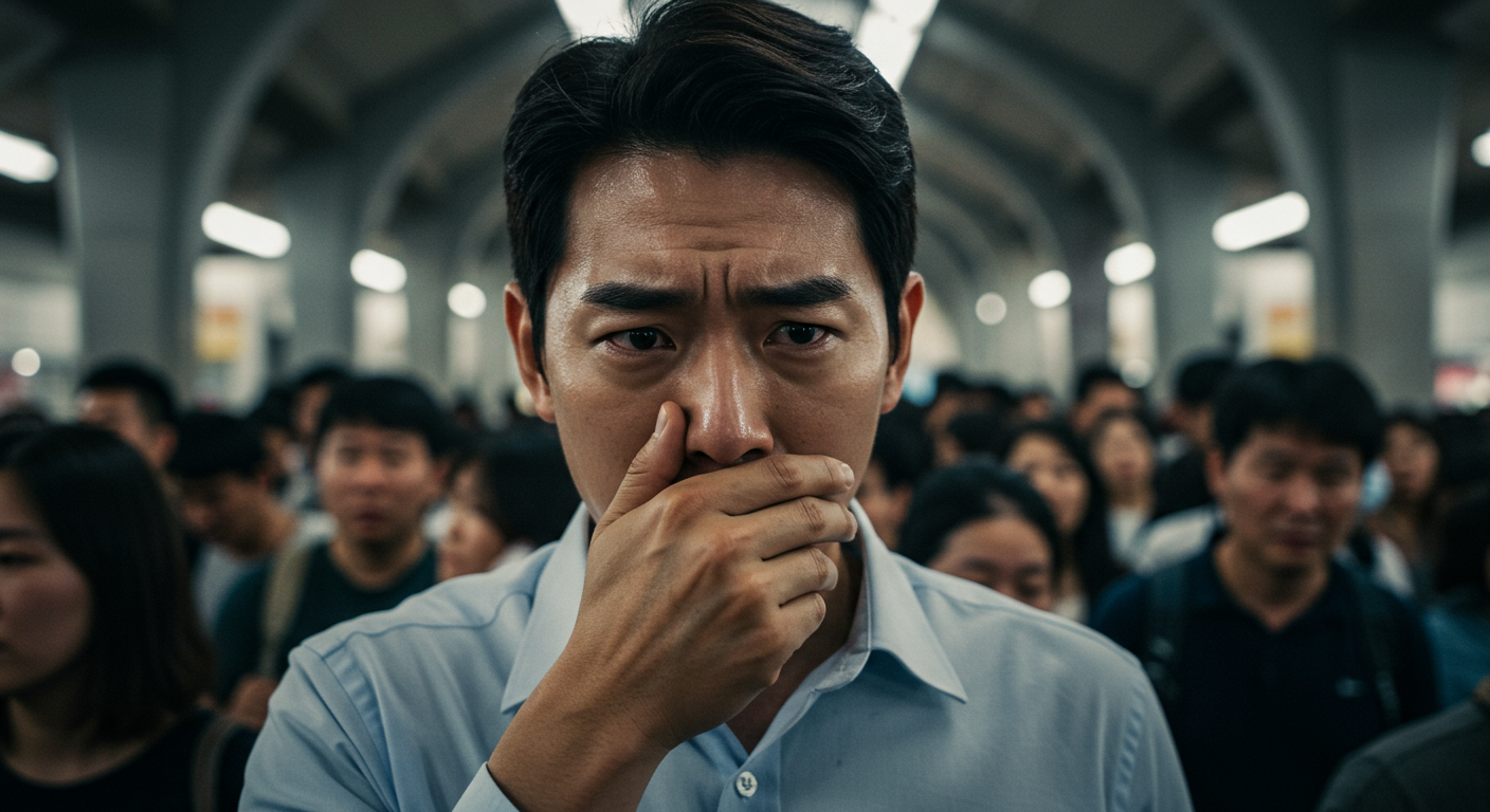 코를 잡고 걱정하는 표정을 짓는 남성의 클로즈업 이미지