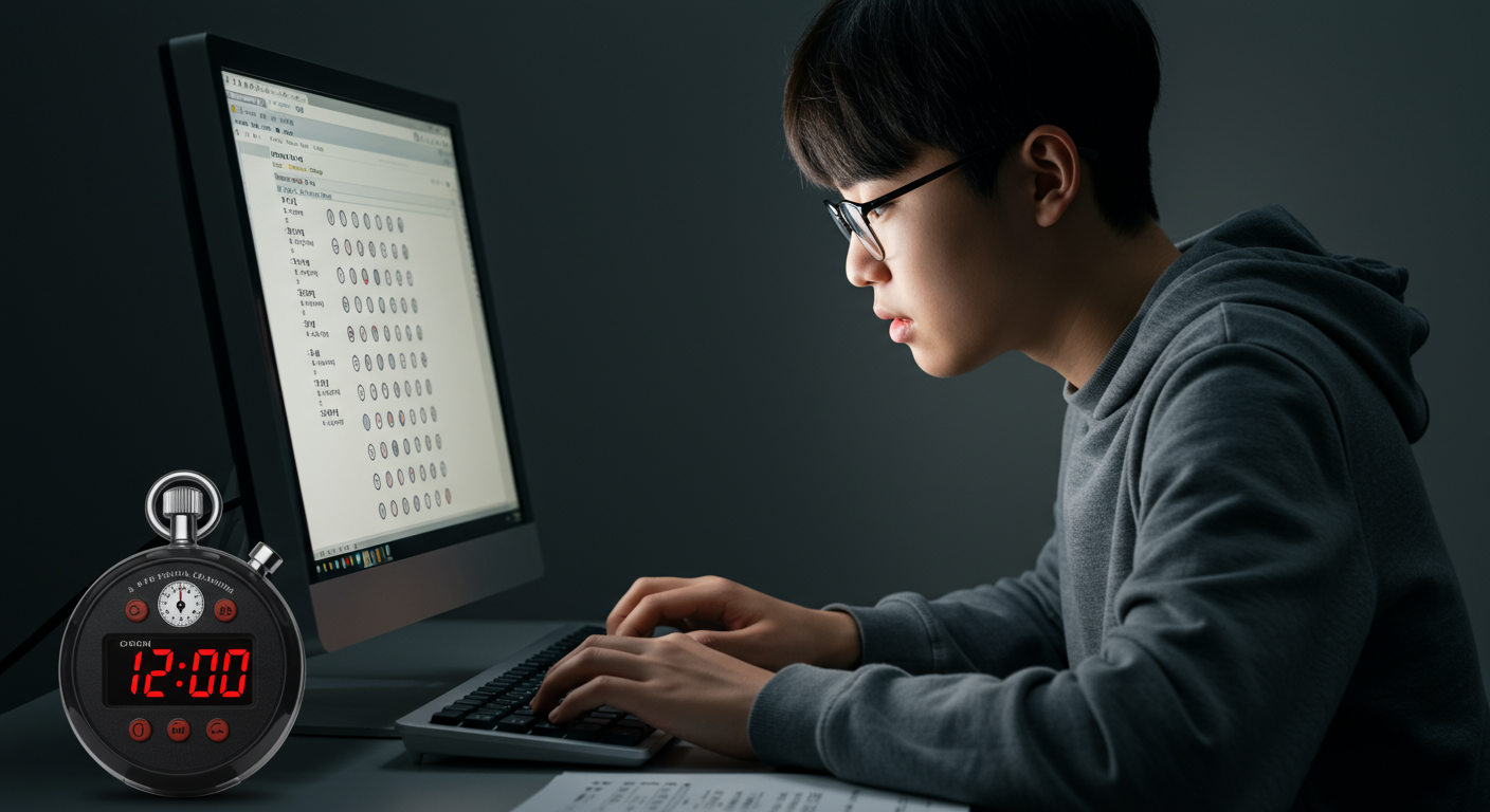 컴퓨터 화면 앞에서 스톱워치를 보며 빠르게 문법 문제를 푸는 학생