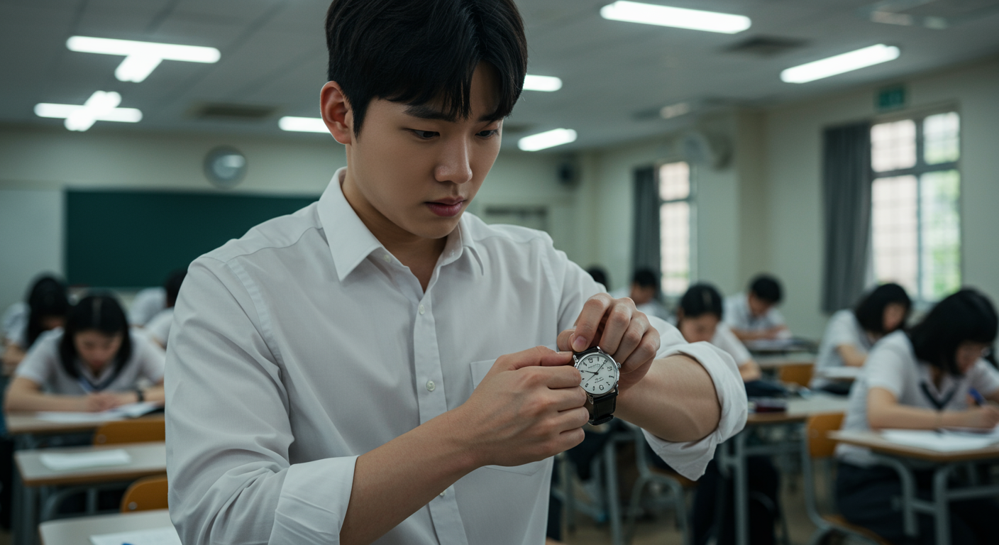 남성이 고전적인 아날로그 시계를 착용하고 있는 모습