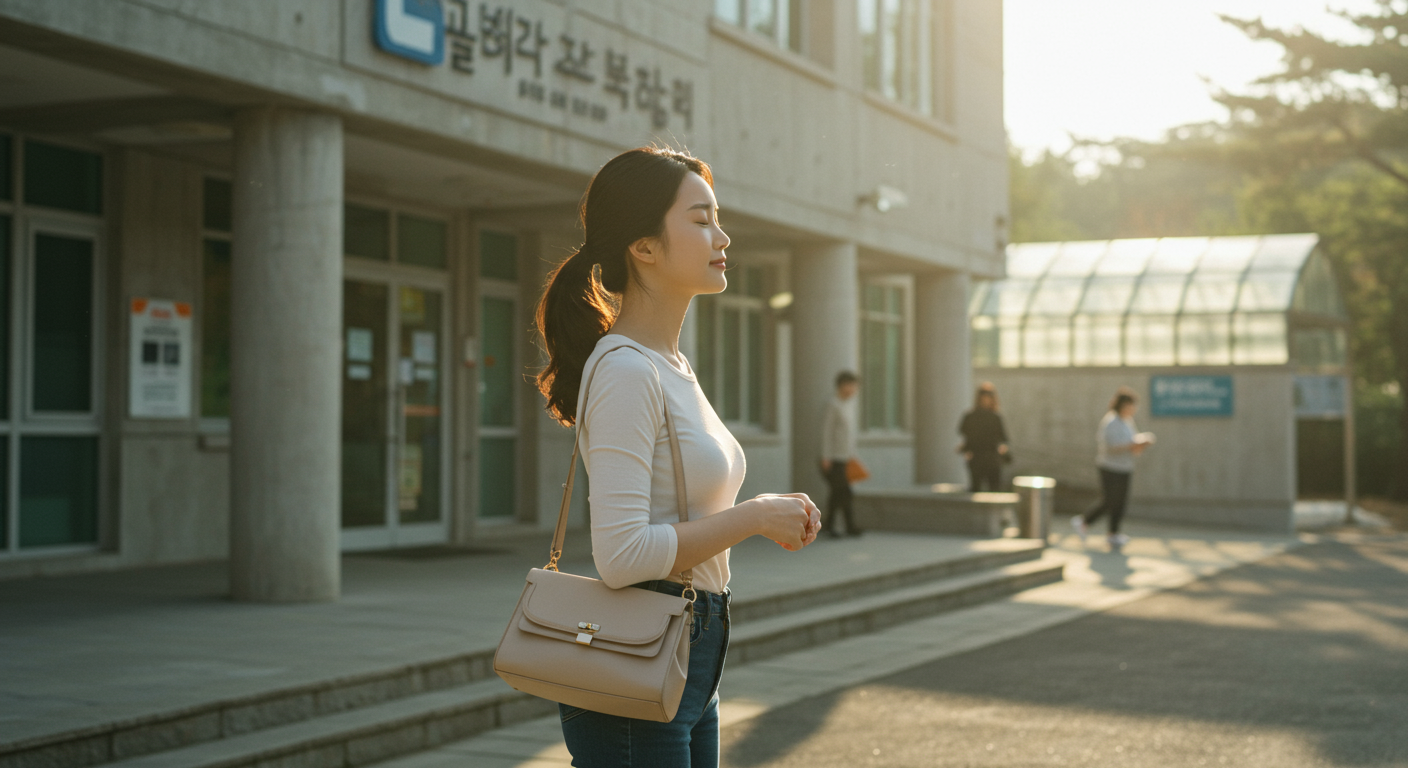 여성이 시험 건물 앞에서 깊은 숨을 쉬며 긴장을 풀고 있는 장면