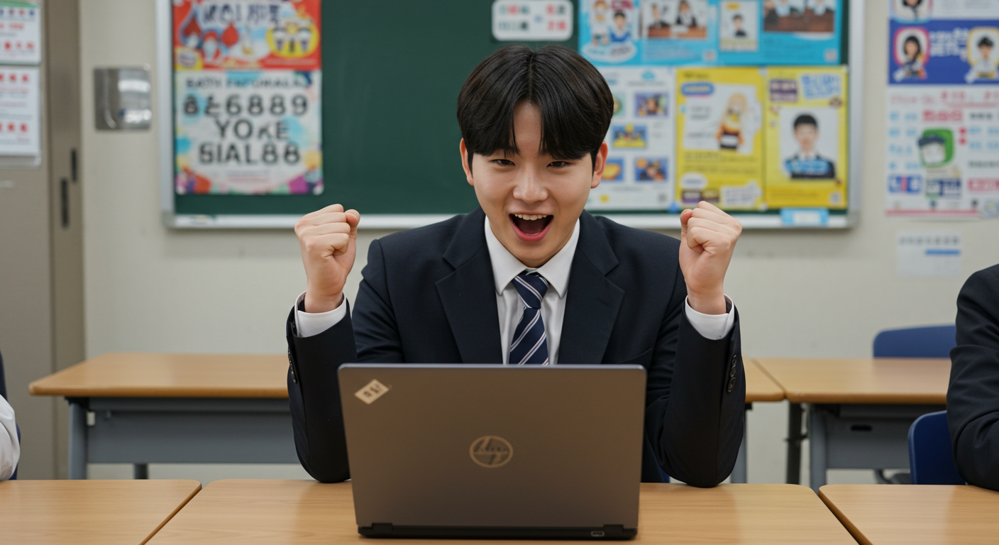 고등학생이 책상에 앉아 노트북으로 온라인 투표에 참여하는 모습
