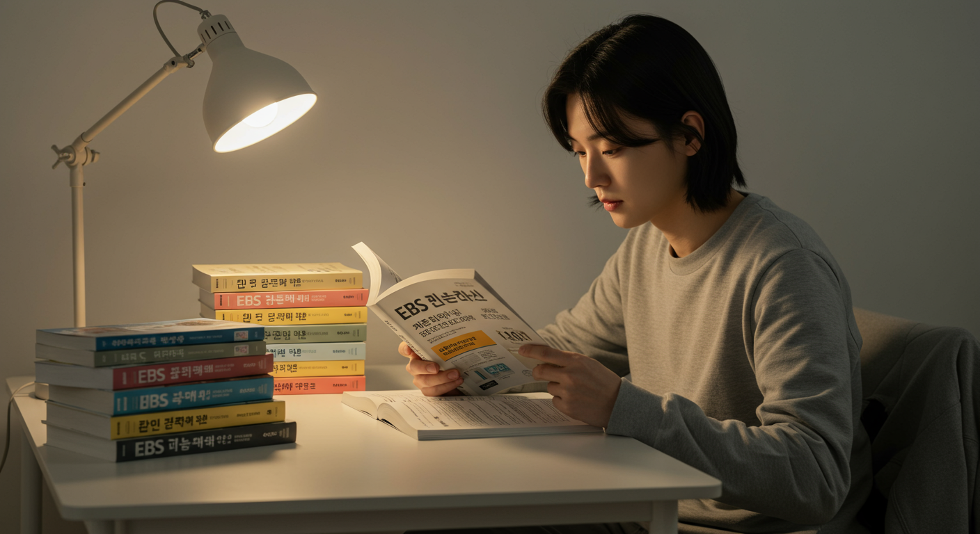 EBS 수능특강 교재를 읽고 있는 집중한 학생의 모습