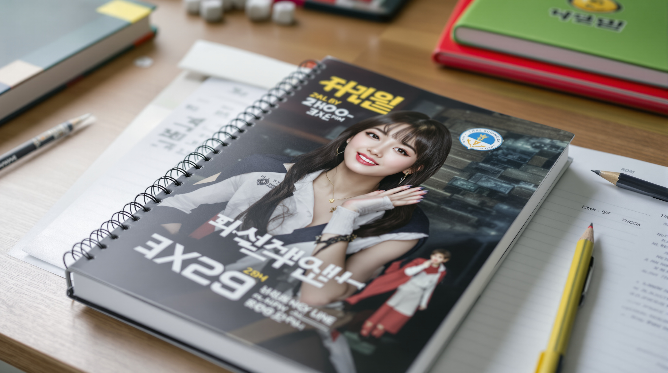 인기 연예인 사진과 대학교 로고로 맞춤 제작된 시험 대비책 표지가 책상 위에 놓여 있는 모습