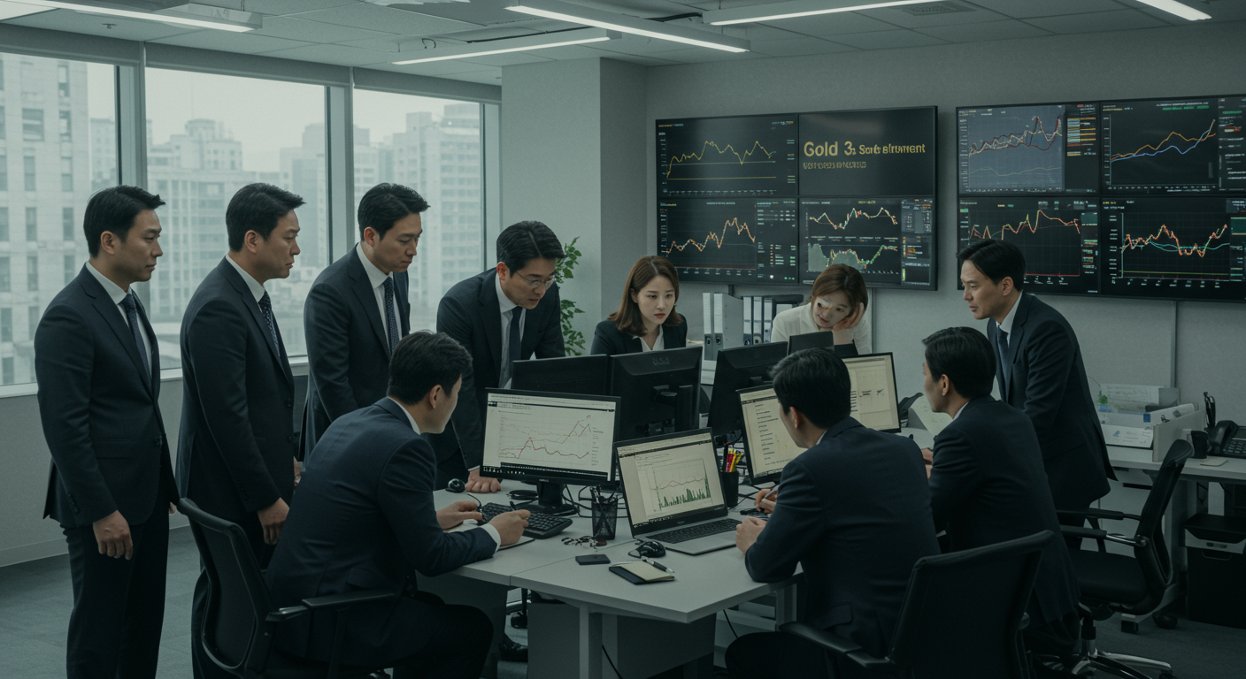 현대적인 사무실에서 투자자들이 경제적 불확실성 속 안전자산으로서의 금을 논의하는 모습