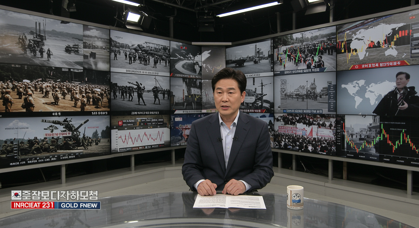 뉴스 앵커가 국제 갈등과 경제 데이터가 표시된 스크린을 배경으로 보도하는 모습