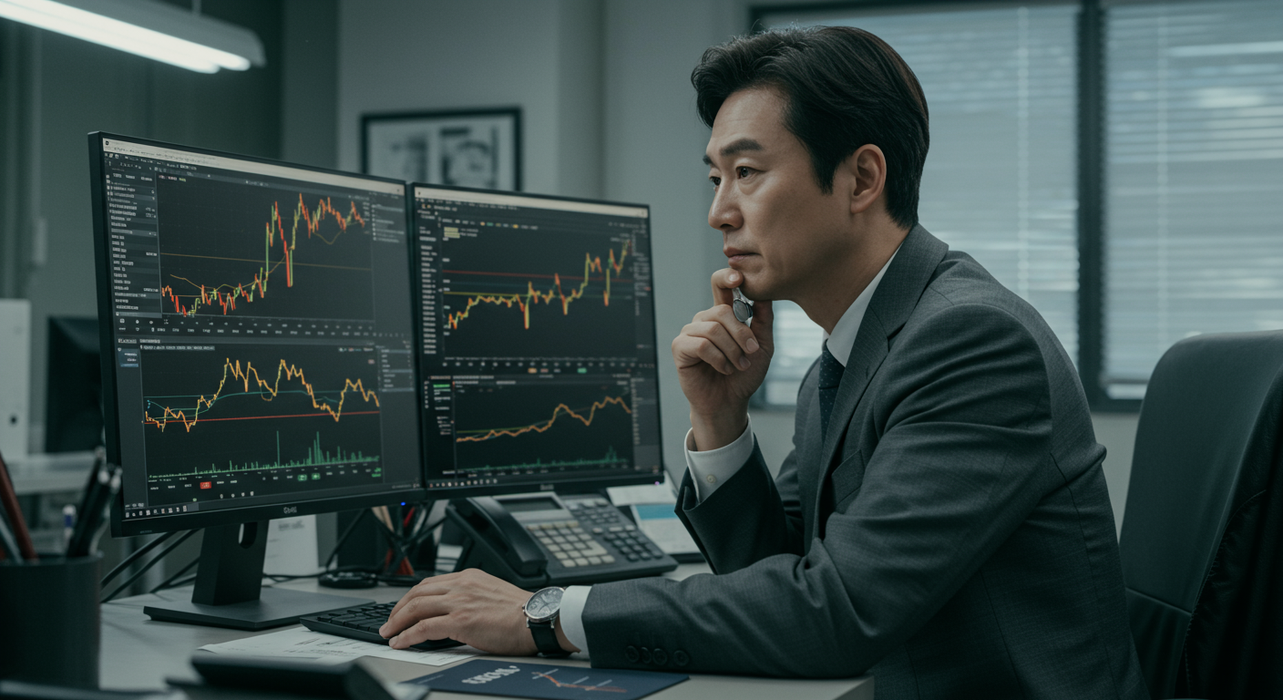 한국의 금융 분석가가 책상에서 금값 급등 차트를 보고 있는 모습
