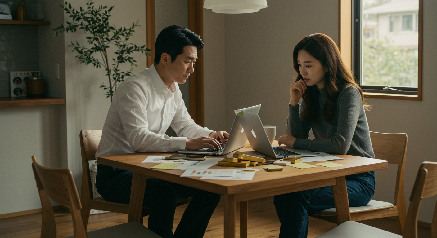 가정에서 노트북과 자료를 펼쳐놓고 금 투자 전략을 논의하는 한국인 부부