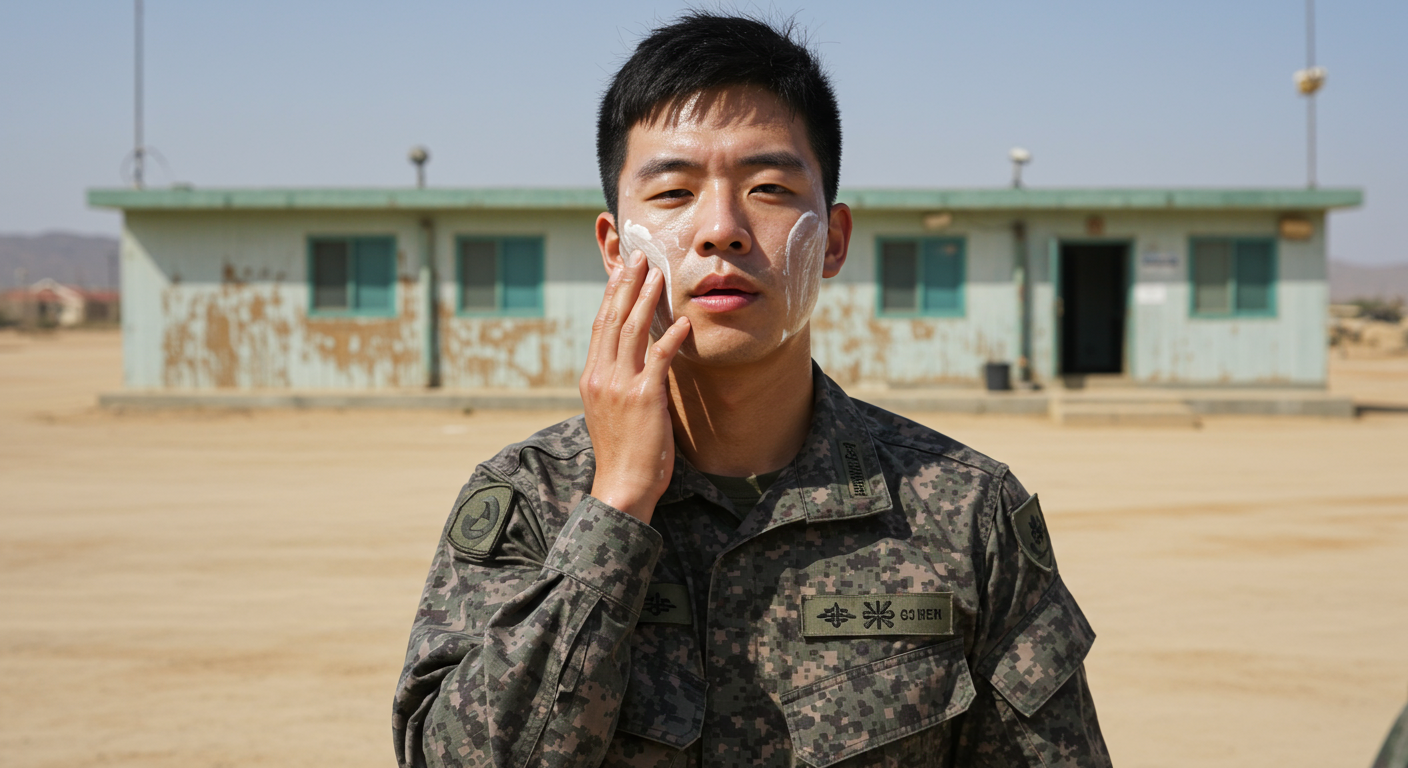 야외 훈련 중 햇볕 아래 자외선 차단제를 바르는 한국 군인의 모습