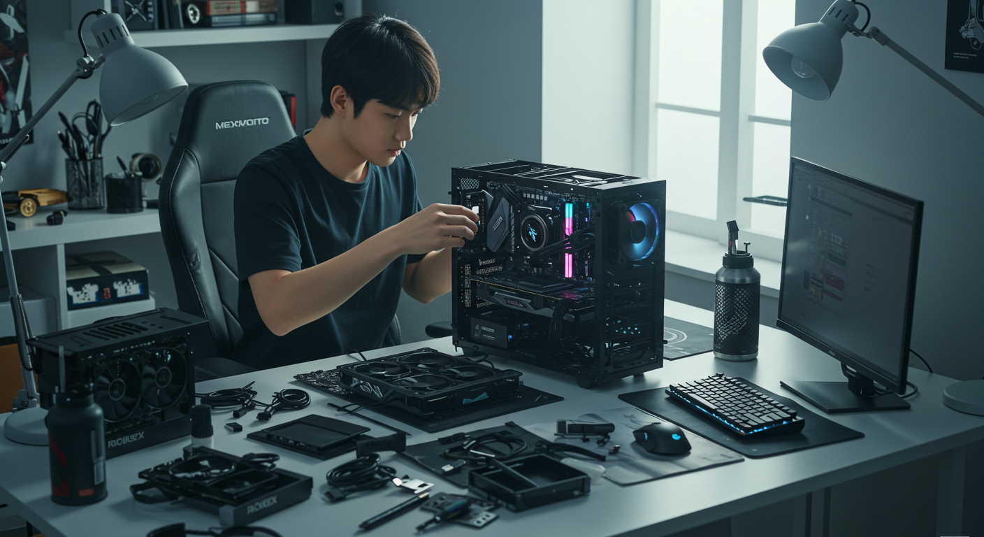 고사양 게임용 PC를 조립 중인 젊은 게이머의 모습