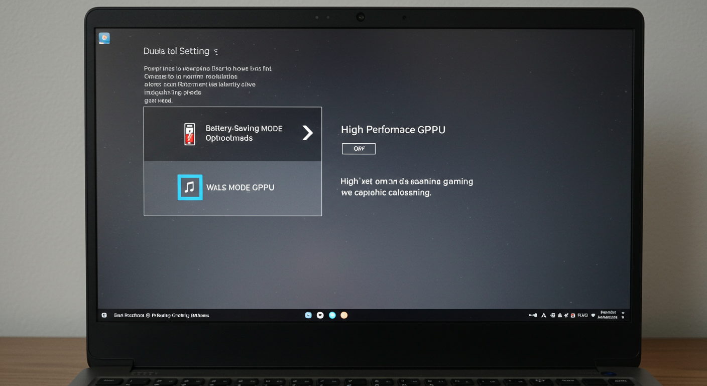 노트북 화면에 표시된 배터리 절약용 및 고성능 게임용 듀얼 GPU 설정