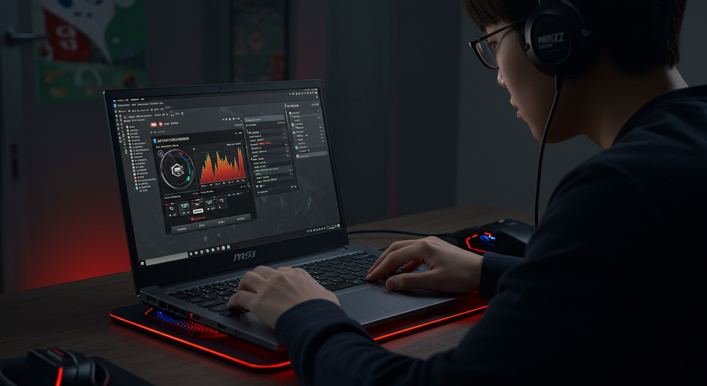 MSI 애프터버너로 온도와 사용량 모니터링 중인 학생과 냉각패드 사용 모습