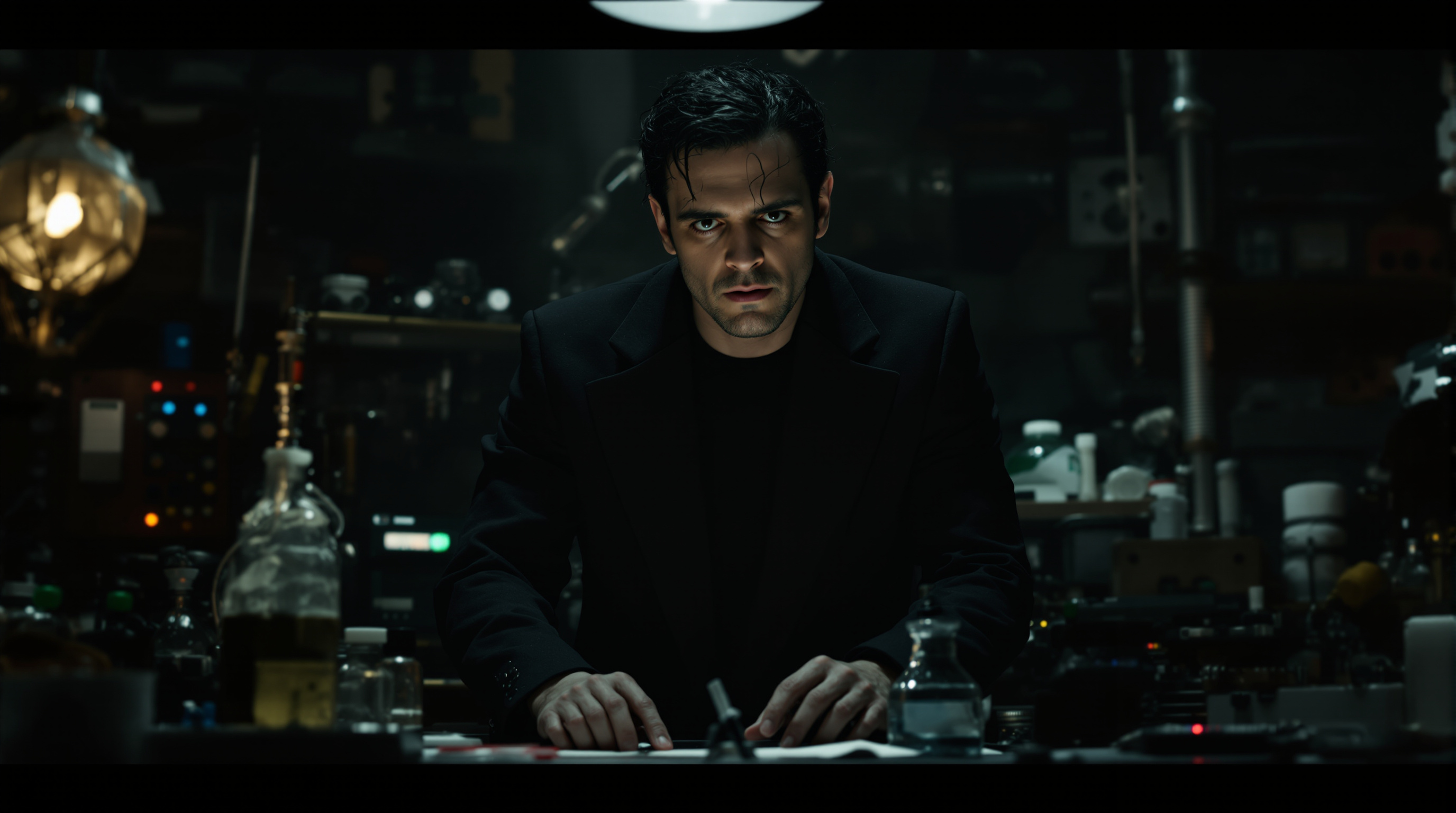 어두운 실험실에서 진지한 표정으로 과학 장비에 둘러싸인 오스카 아이작