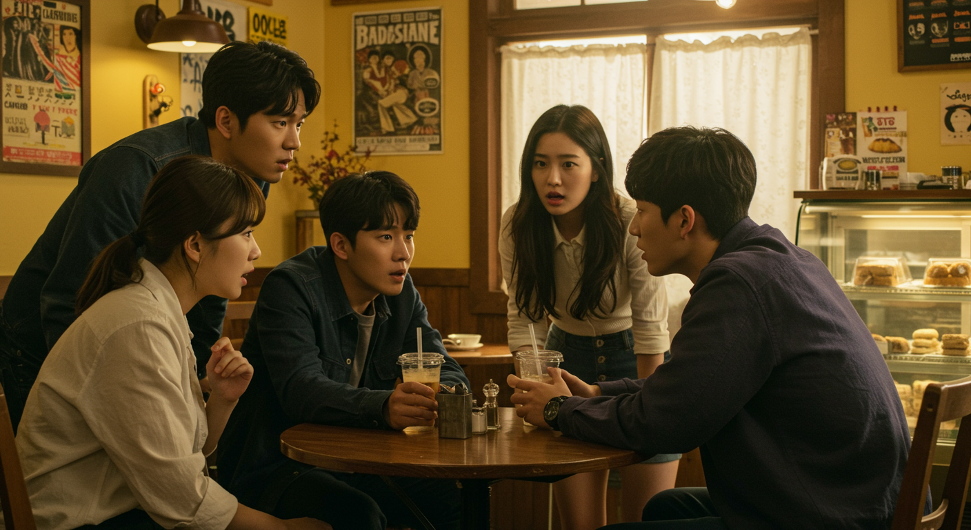 카페에서 미스터리한 도시전설에 대해 토론하는 젊은이들