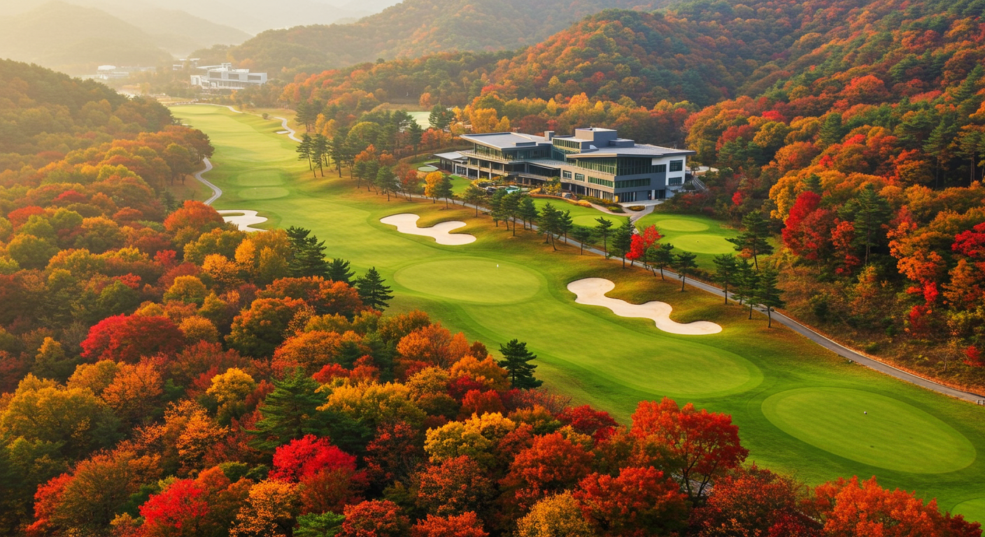 전라북도 정읍시의 내장산을 배경으로 한 골프장의 가을 풍경