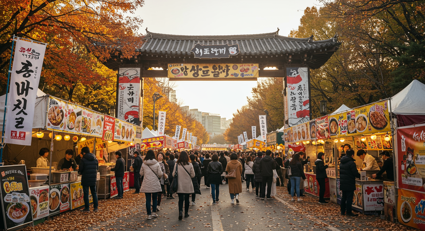 가을 분위기 속에서 활기찬 사람들이 모여 있는 구미 라면축제 입구 모습