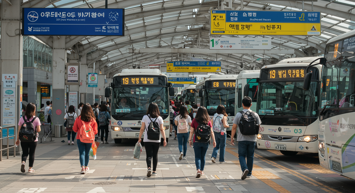 셔틀버스가 축제 기간 동안 구미역에 도착하고 승객들이 탑승하는 장면