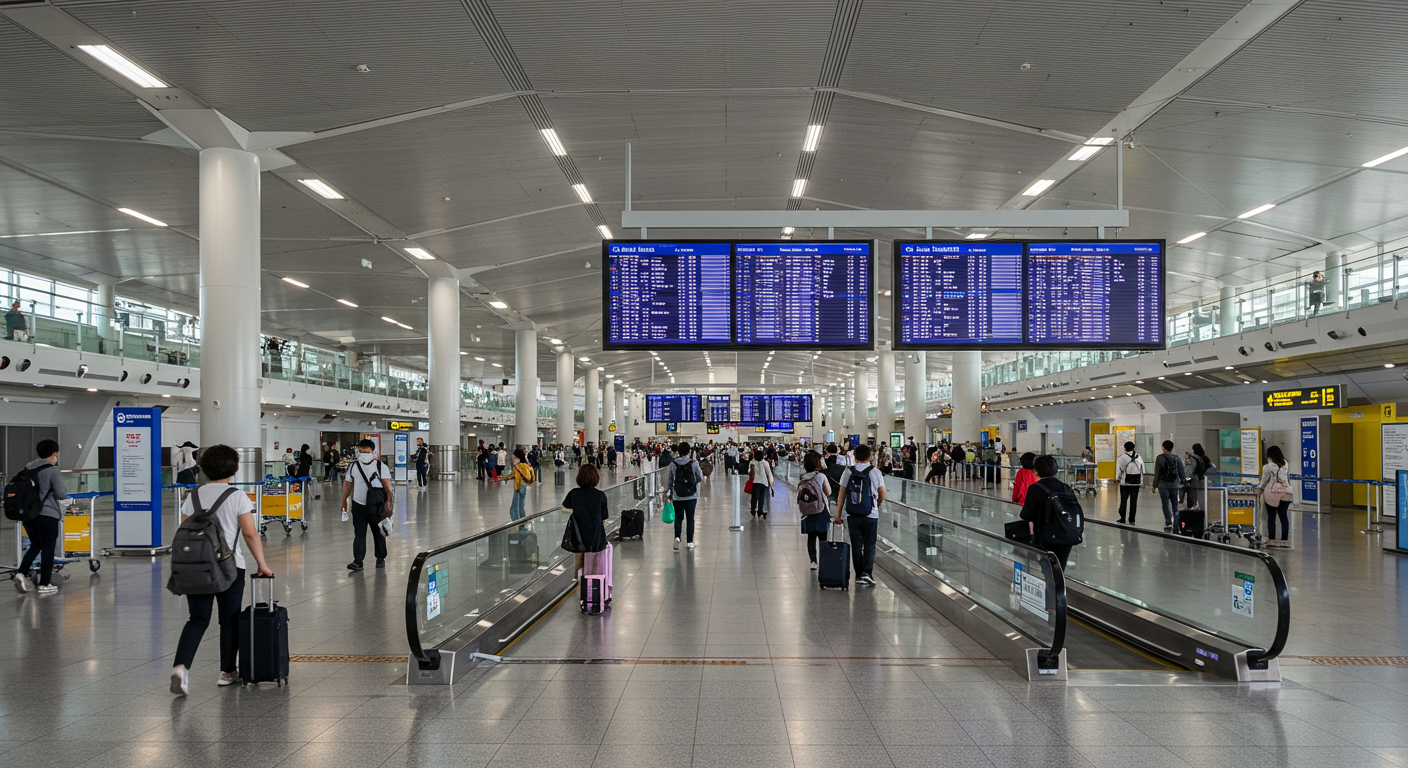 제주 공항 내부에서 후쿠오카로 가는 연결편을 확인하는 승객들
