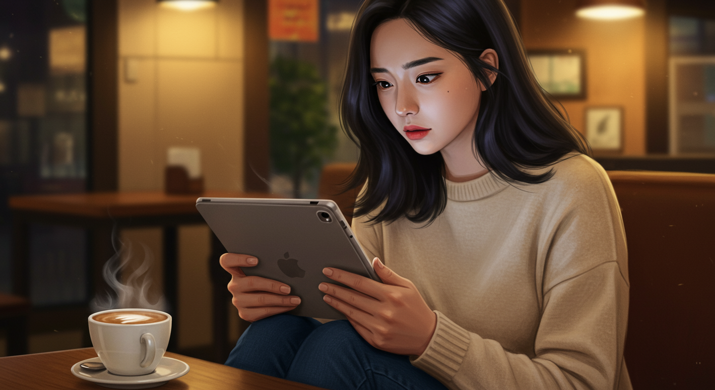 카페에서 디지털 태블릿으로 웹툰의 마지막 화를 읽고 있는 팬의 모습